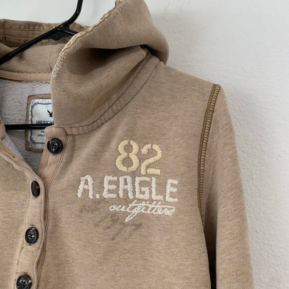 VTG Y2K American Eagle Womens Large Graphic Hoodie Pullover Tan Raw Edges Henley - Picture 6 of 15